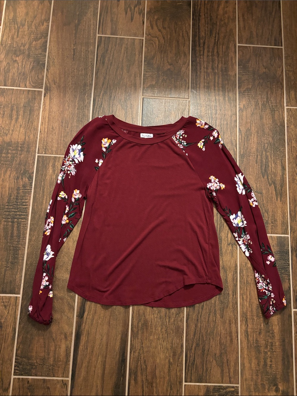 love, Fire Burgundy Long Sleeve Raglan Top with Floral Sleeves
